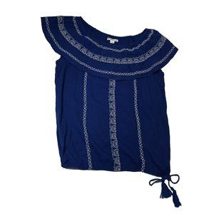 Ruff Hewn Top Blue Embroidered On Or Off Shoulder Peasant Tassel Tie Medium M